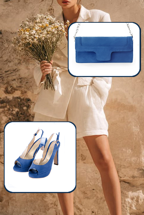 Dress heels peep-toe slingback in electric blue leather with high slim heels with a platform at the front and round toe - Worn view